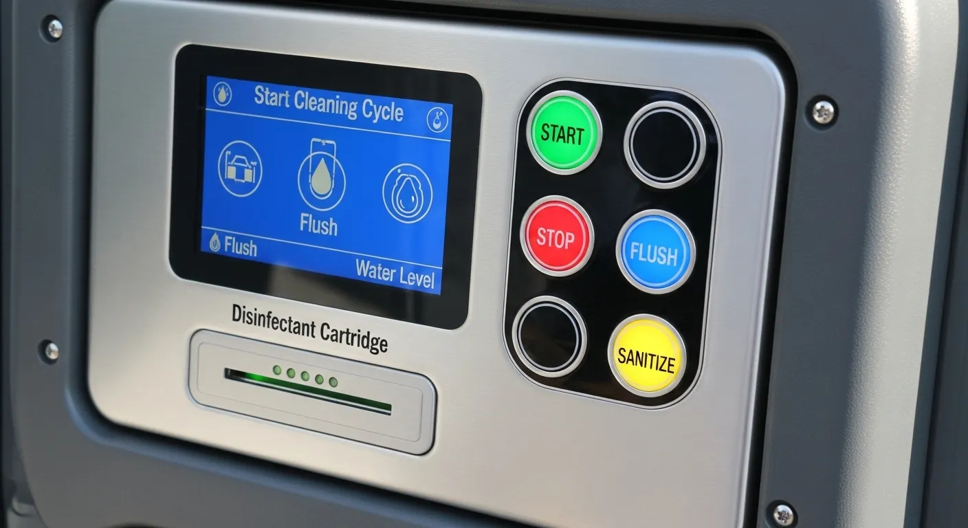 self-cleaning portable toilet control units
